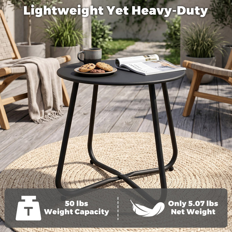 Black outdoor metal round side table featuring detachable tabletop, lightweight design, and adjustable leveling feet