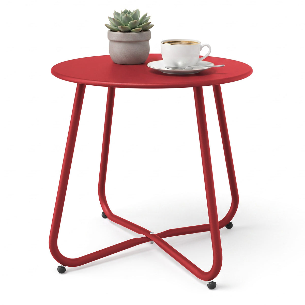 Yardgrace dark red outdoor metal round side table with detachable tabletop and powder coated steel frame