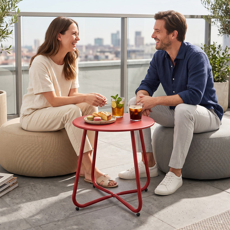 Yardgrace dark red metal round side table beside indoor seating as a compact accent table