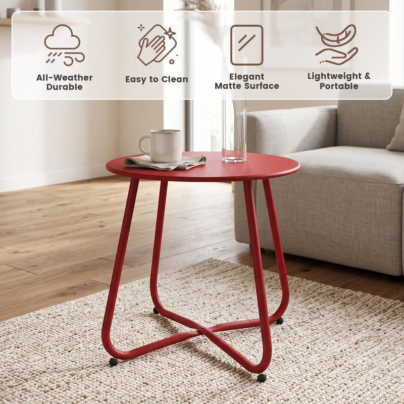 Dark red outdoor metal round side table featuring detachable tabletop and adjustable leveling feet