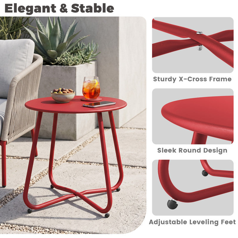 Dark red metal round side table showing stable three-leg construction and steel support frame