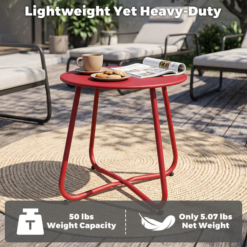 Dark red outdoor metal round side table featuring detachable tabletop and adjustable leveling feet