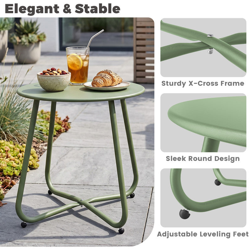 Pea green metal round side table showing criss-cross legs and stable steel construction