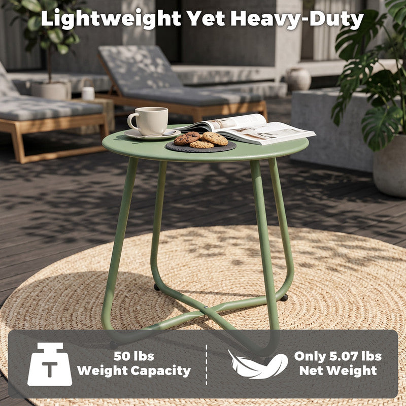 Black outdoor metal round side table featuring detachable tabletop, lightweight design, and adjustable leveling feet