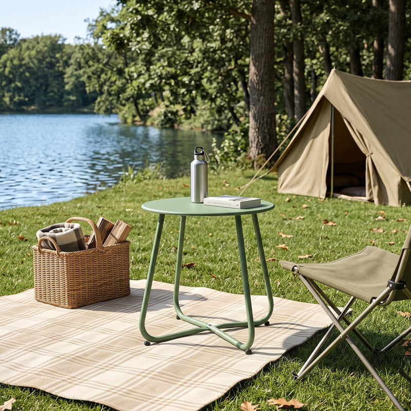 Pea green outdoor metal round side table beside camping chairs and garden seating area