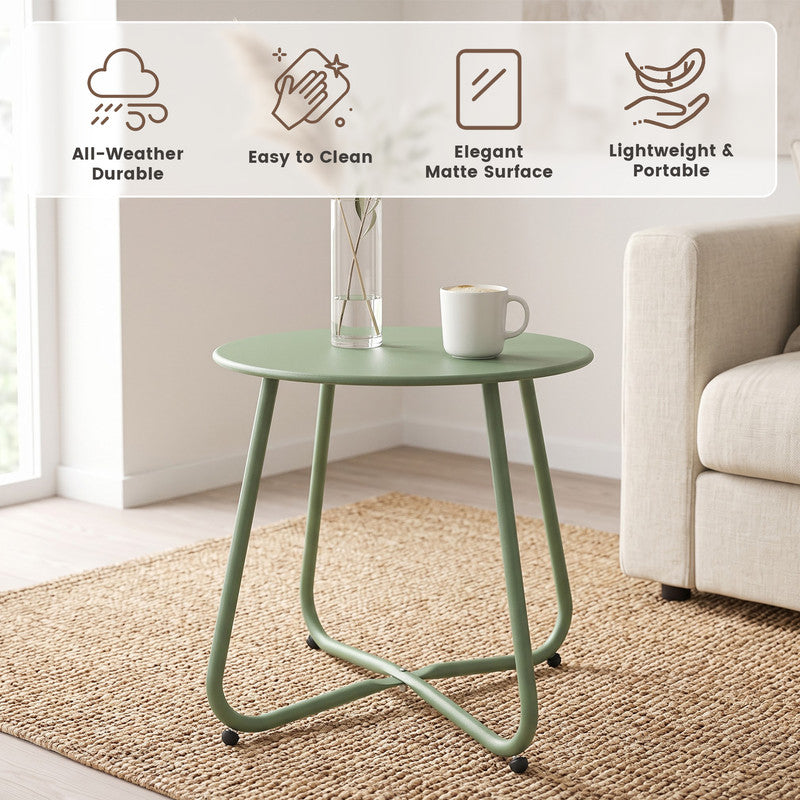 Pea green outdoor metal round side table featuring detachable tabletop and adjustable feet design