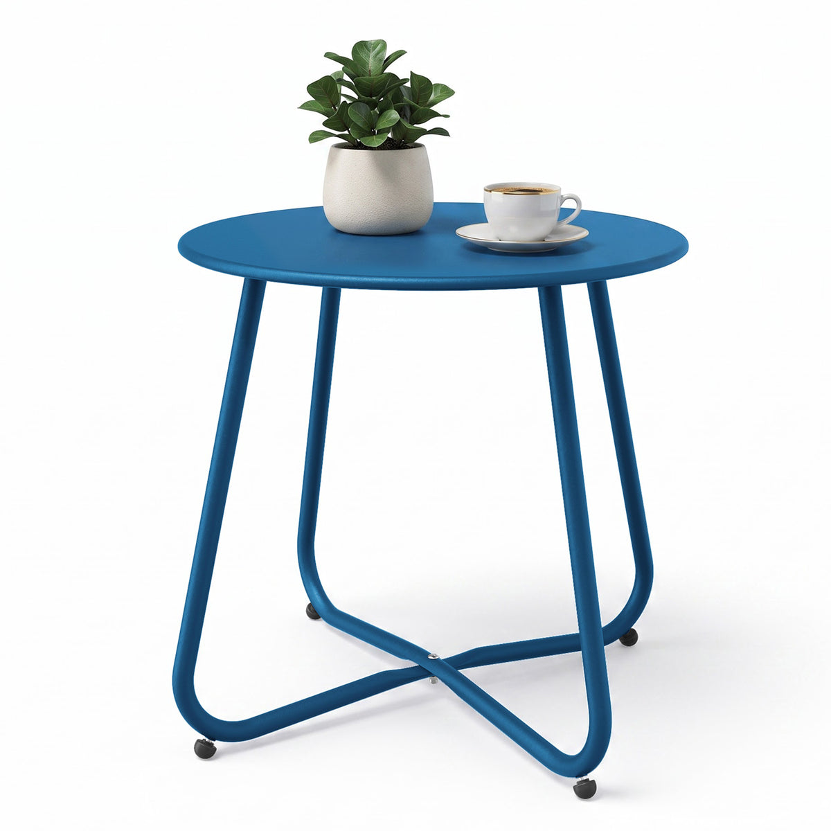 Yardgrace peacock blue outdoor metal round side table with detachable tabletop and steel frame