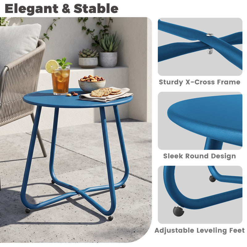 Peacock blue metal round side table showing stable leg structure and durable steel support
