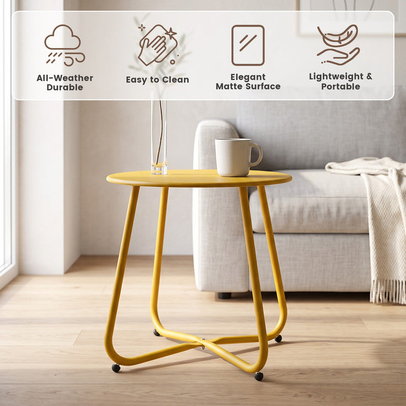 Yardgrace yellow metal round side table used beside indoor furniture as a colorful accent table