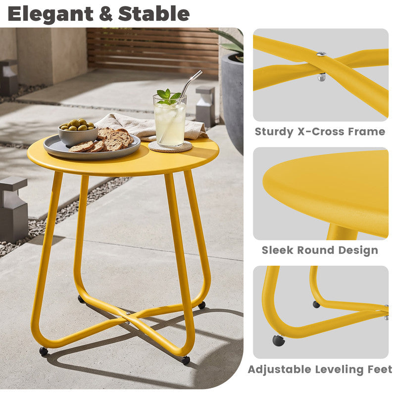 Yellow metal round side table showing stable criss-cross leg design and steel frame construction