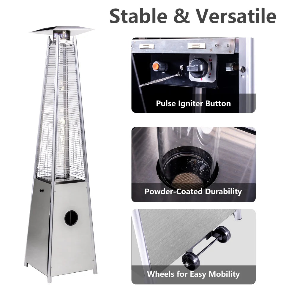 Silver outdoor tower patio heater with stable base and wheels