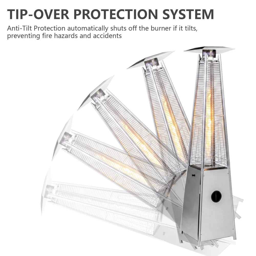 Silver tower patio heater with tip-over protection system
