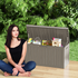 80 gallon outdoor storage box shown in use on a backyard patio