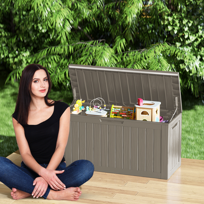 80 Gallon Outdoor Storage Box, Resin Deck Box, Waterproof , Lockable, UV-Resistant, Coffee