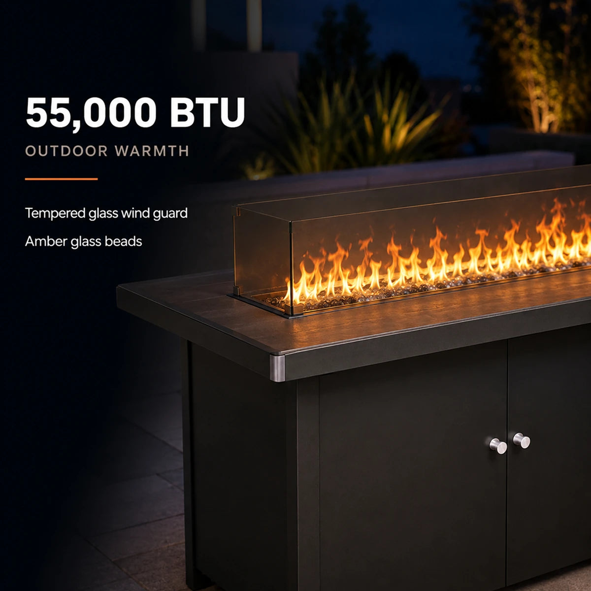 55,000 BTU propane fire pit flame with amber glass beads