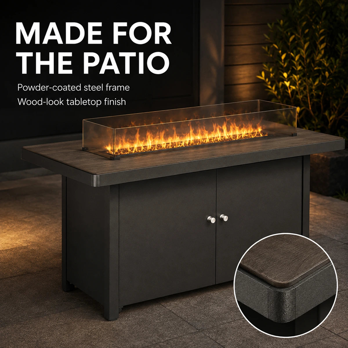 Teak-look fire pit table with tempered glass wind guard for patio seating