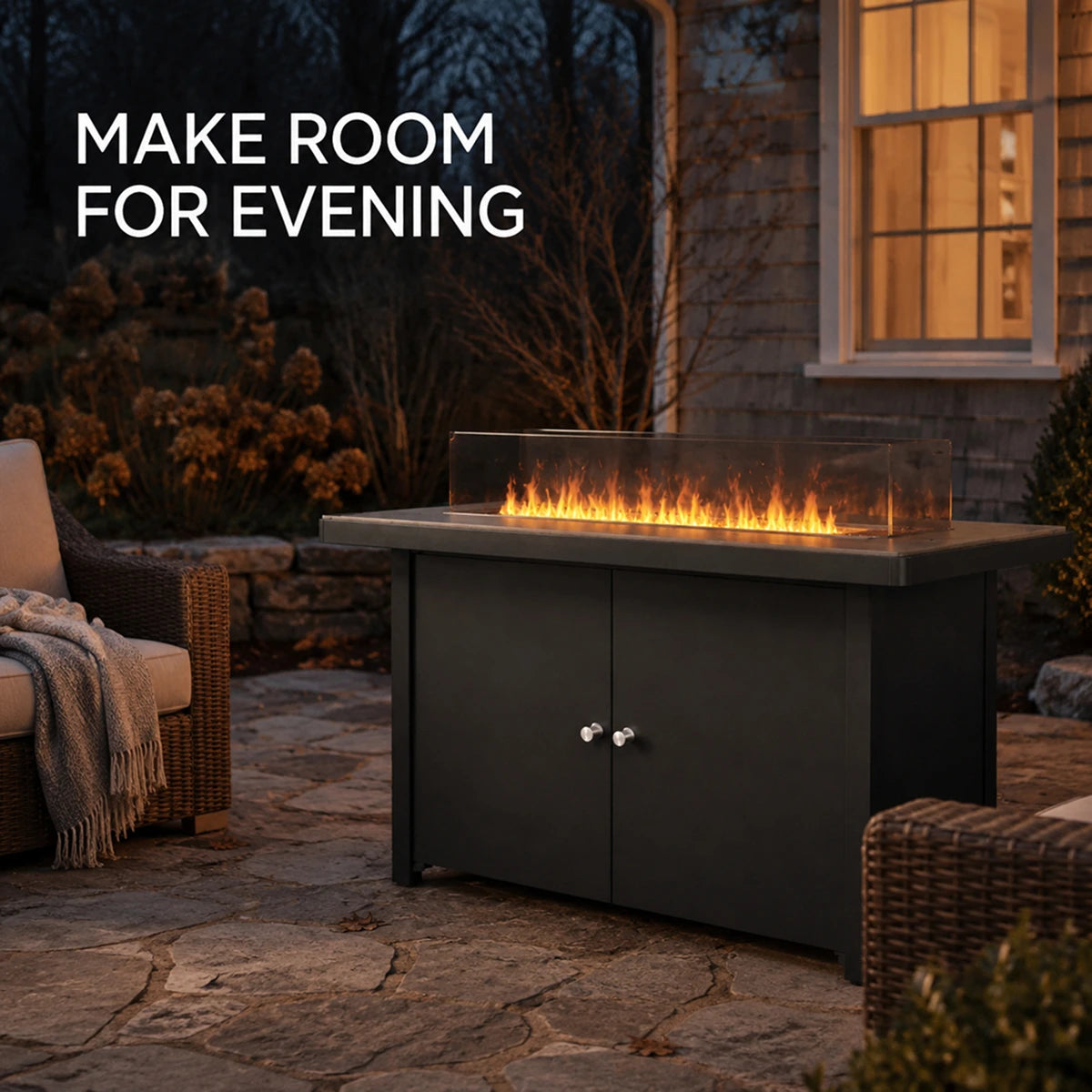 Outdoor fire pit table creating a warm center for evening seating