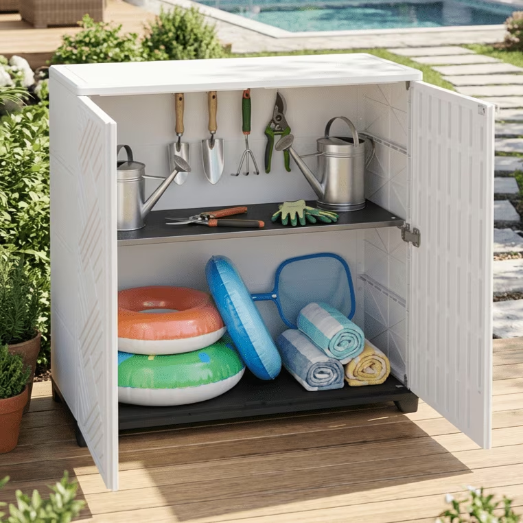 Yardgrace 34" Corner Outdoor Storage Cabinet, Weatherproof Resin Diamond Shed for Small Spaces, Black Or White