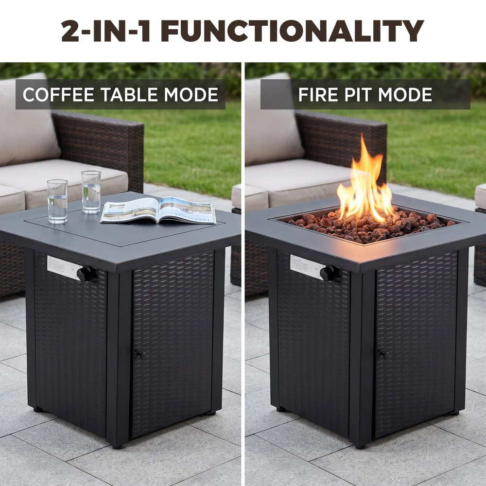 Yardgrace 28" Propane Fire Pit Table, 50,000 BTU Square Outdoor Gas Firepit with Lava Rocks and Hideaway Tank Storage, Mocha