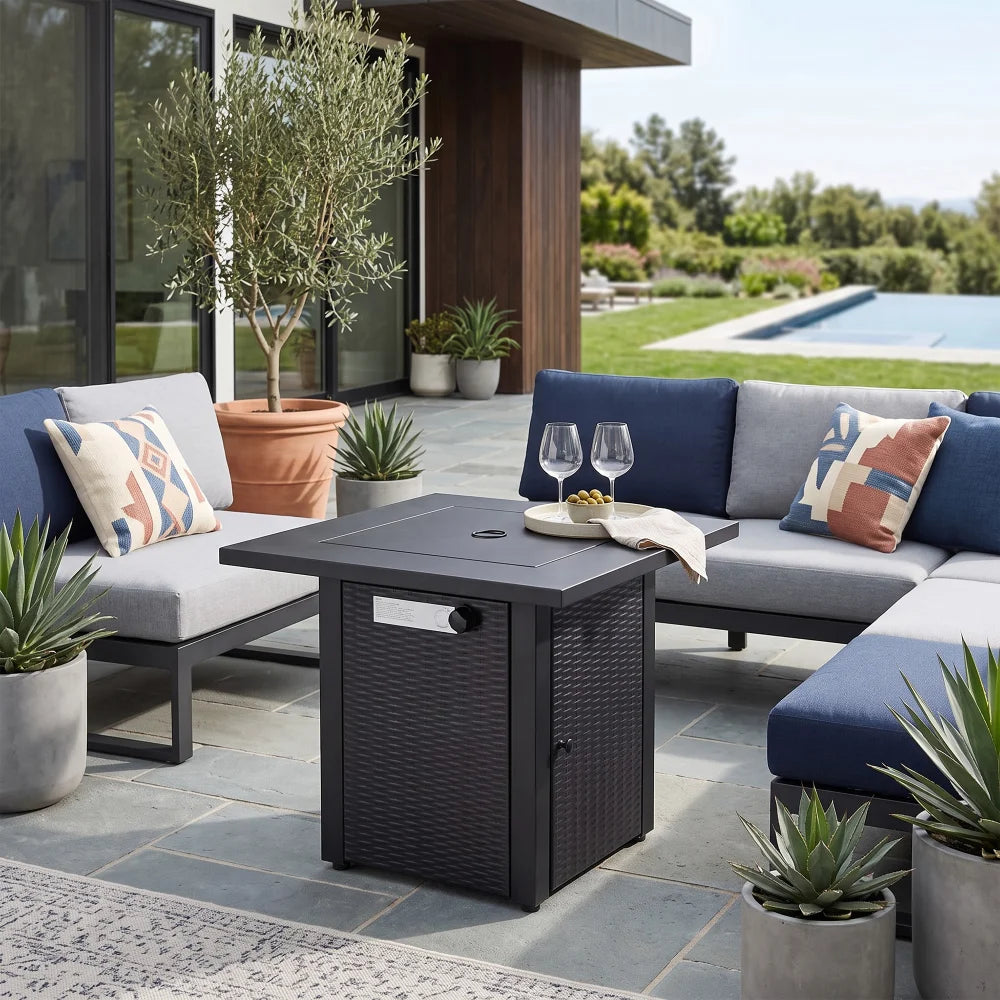 Yardgrace 28" Propane Fire Pit Table, 50,000 BTU Square Outdoor Gas Firepit with Lava Rocks and Hideaway Tank Storage, Mocha