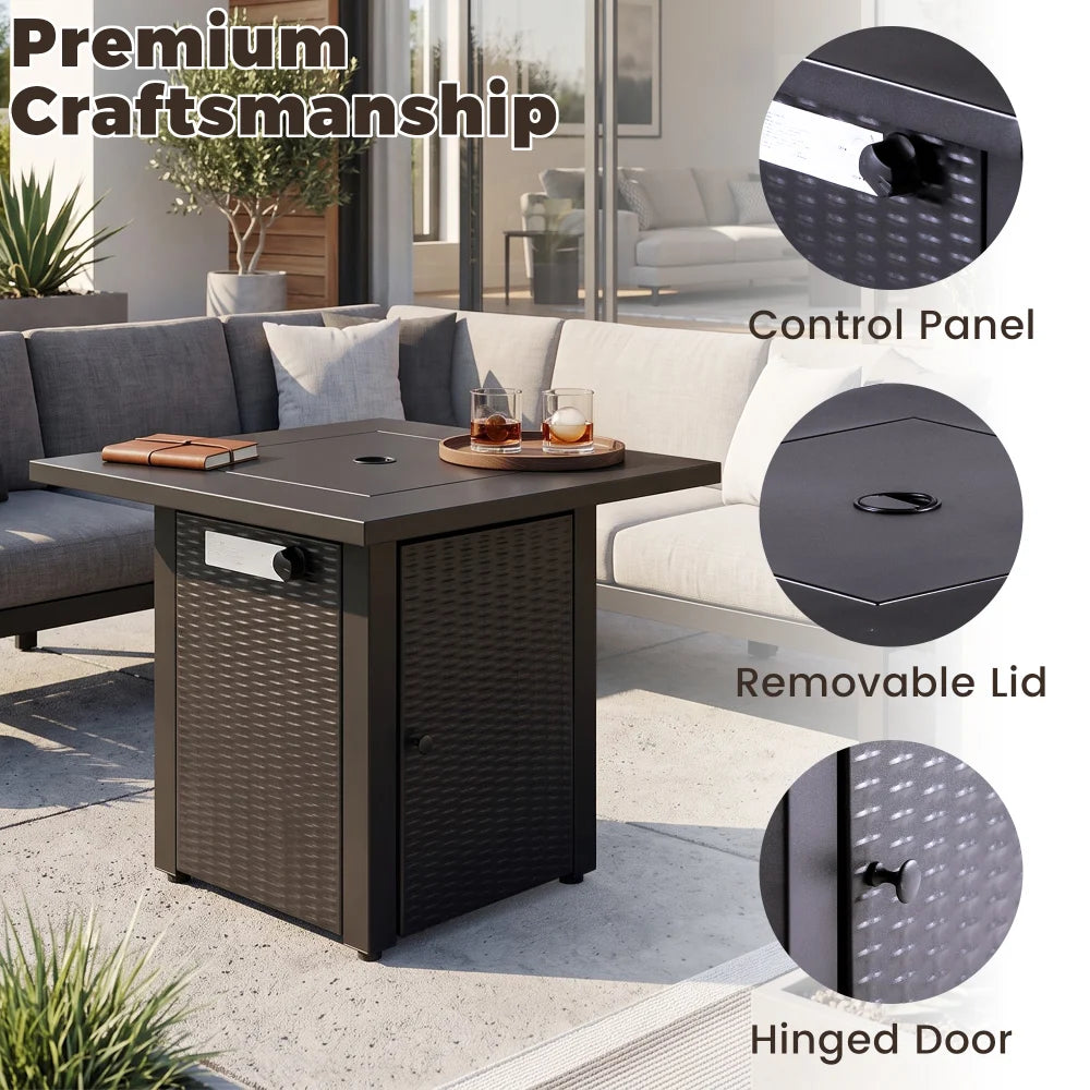 Yardgrace 28" Propane Fire Pit Table, 50,000 BTU Square Outdoor Gas Firepit with Lava Rocks and Hideaway Tank Storage, Mocha