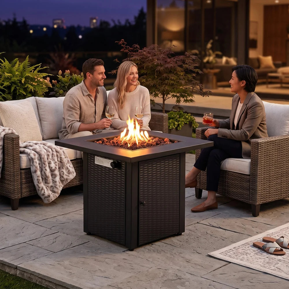 Yardgrace 28" Propane Fire Pit Table, 50,000 BTU Square Outdoor Gas Firepit with Lava Rocks and Hideaway Tank Storage, Mocha