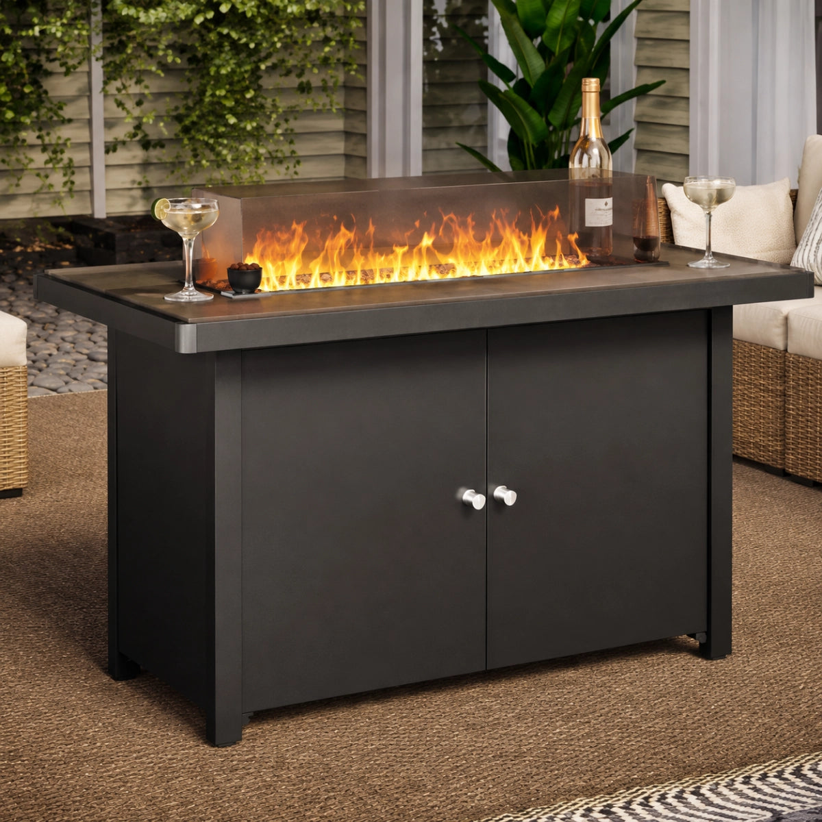 Teak-Look Iron Fire Pit Table for Patio & Backyard