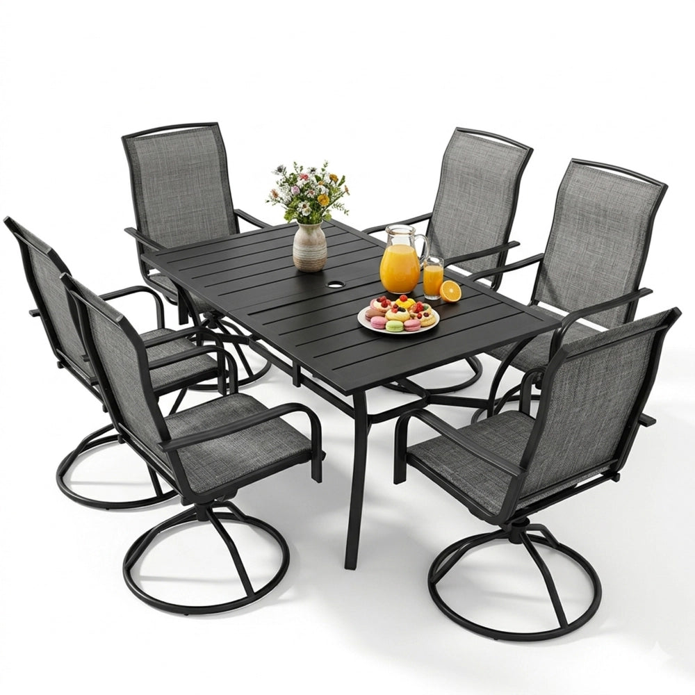 Yardgrace 7 piece outdoor dining set featuring six swivel chairs and a patio table for backyard dining and entertaining
