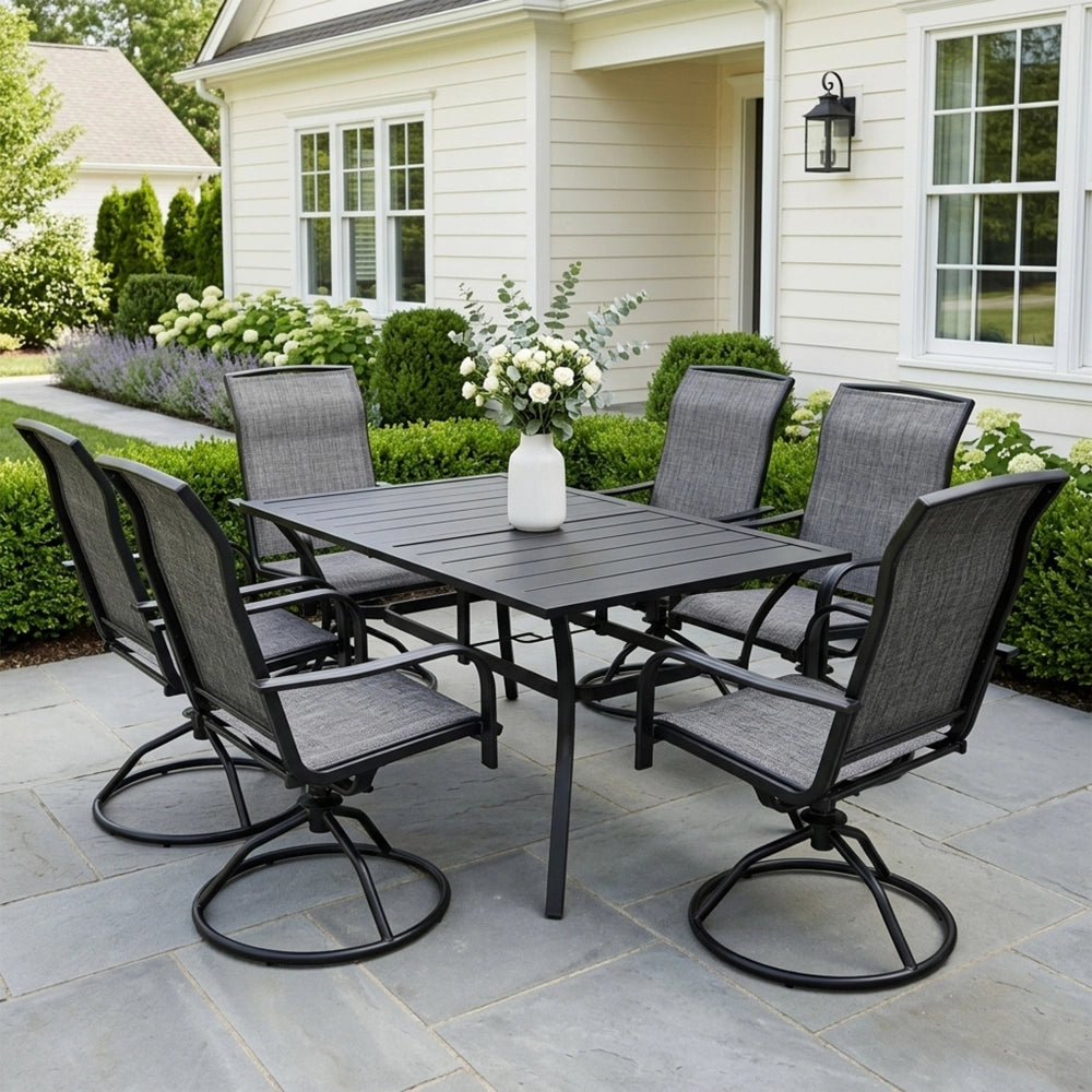 Yardgrace outdoor patio dining set with six swivel chairs and rectangular table arranged in a backyard space