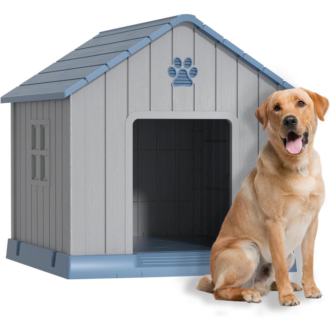 Medium Square Dog House, Weatherproof Plastic Kennel with Raised Floor & Ventilation, Indoor/Outdoor Shelter for Small to Medium Dogs (31.2''x33.7''x32.5'')