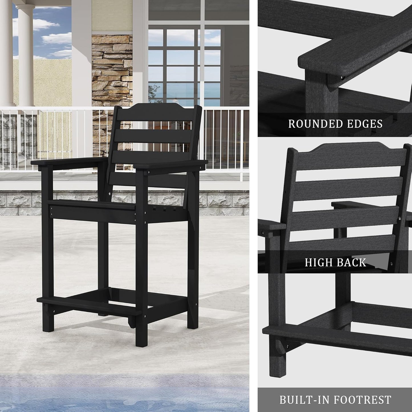 Yardgrace Tall Adirondack Chair, HDPE Bar Height Indoor&Outdoor Chair, All Weather Resistant Adirondack Outdoor Bar Stools for Balcony, Porch Kitchen, Bistro, Poolside, Backyard