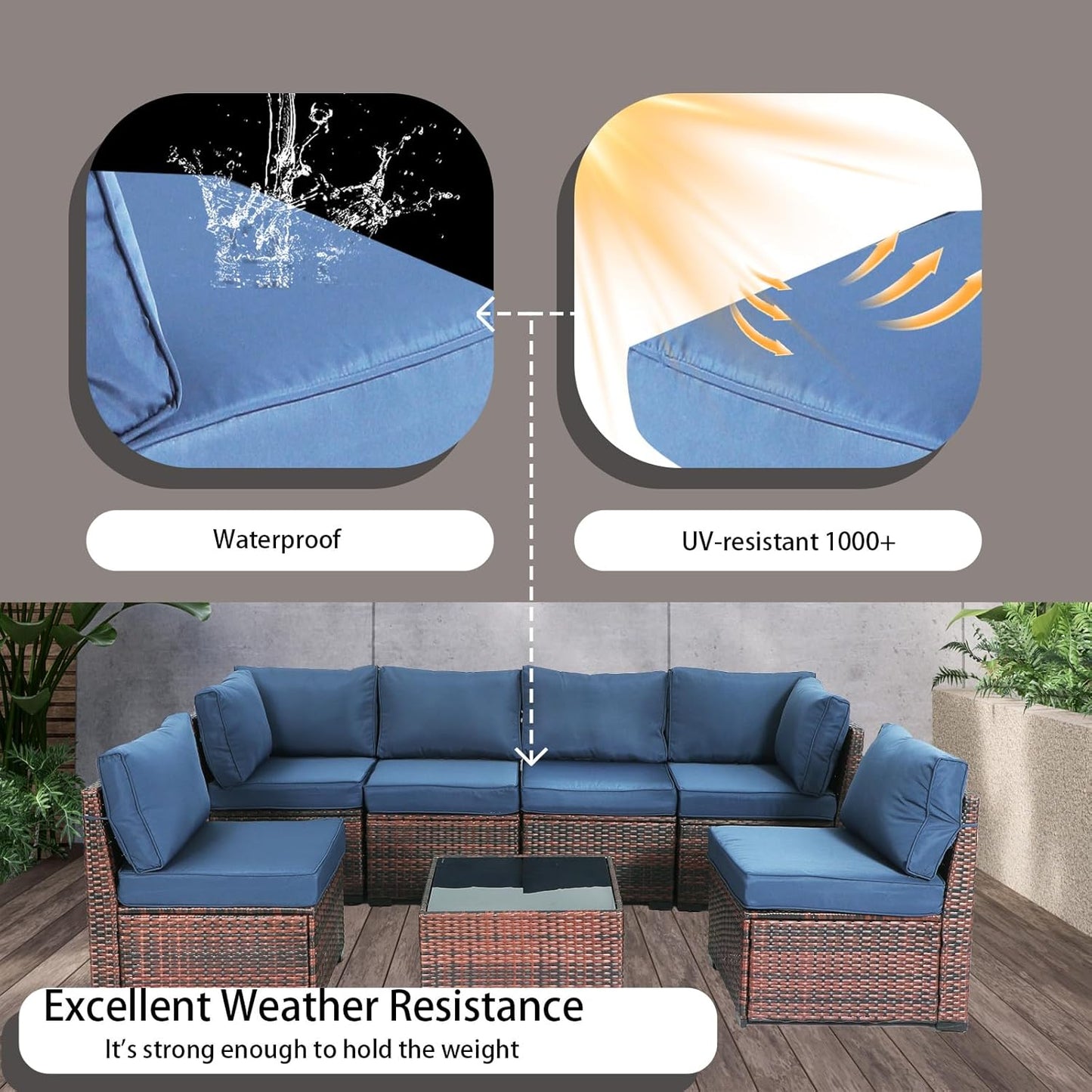 Yardgrace 7 Piece Rattan Outdoor Patio Furniture Set, Weather-Resistant Outdoor Conversation Set, Outside Furniture Patio Sectional Sofa Set with Thick Cushions and Coffee Table