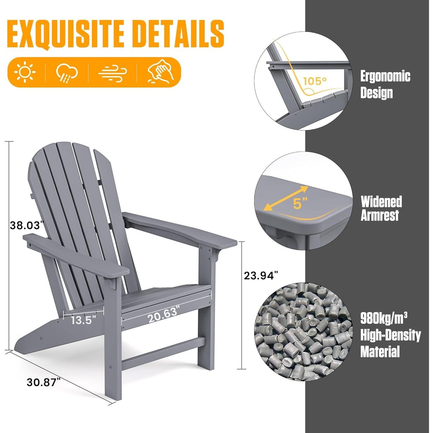 Yardgrace Adirondack Chair, Large Lawn Chair, Outdoor Chair with Durability and Weather Resistance, HDPE Patio Chair for Yard, Porch, Garden, Deck, Swimming Pool