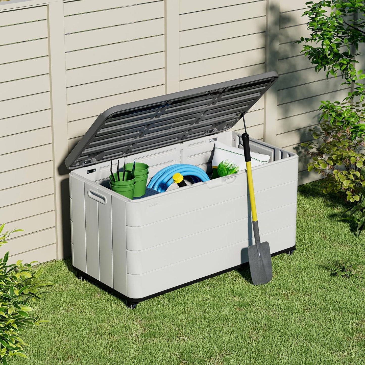 100GAL PRO Wheeled European Deck Box - Resin Mobile Outdoor Storage Box with Wheels - for Patio, Garage & Poolside, Easy assembly Organize - Lockable & Waterproof