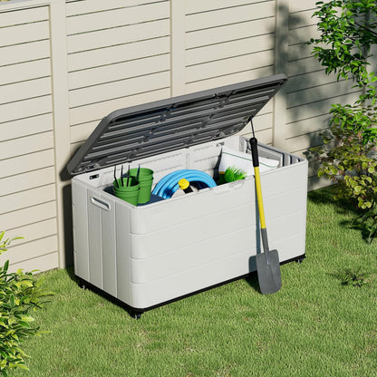 100GAL PRO Wheeled European Deck Box - Resin Mobile Outdoor Storage Box with Wheels - for Patio, Garage & Poolside, Easy assembly Organize - Lockable & Waterproof