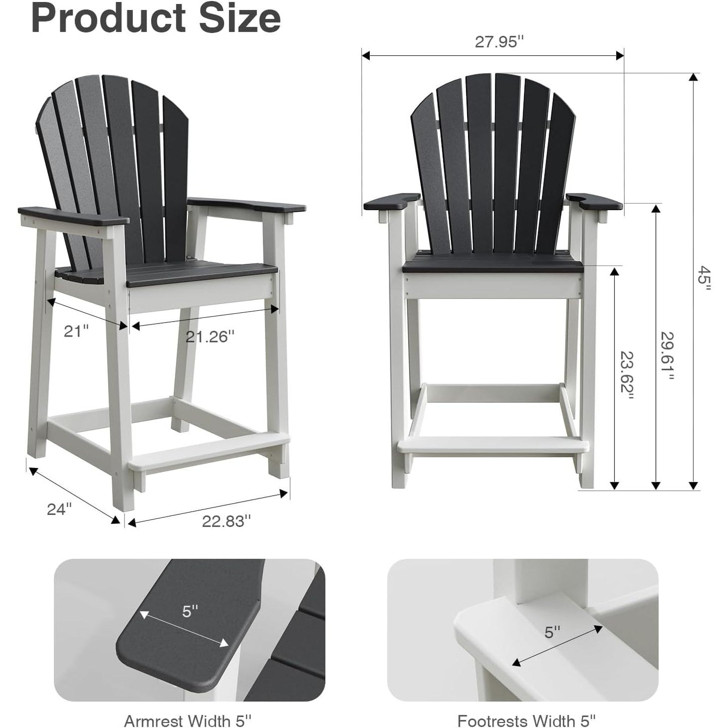 Outdoor Tall Adirondack Chairs, HDPE Weather Resistant Outdoor Balcony Patio Bar Stool Chair with Widened Arms, High Back, Footrest All-Weather Bar Chair for Garden, Yard, Backyard, Capacity 400lbs