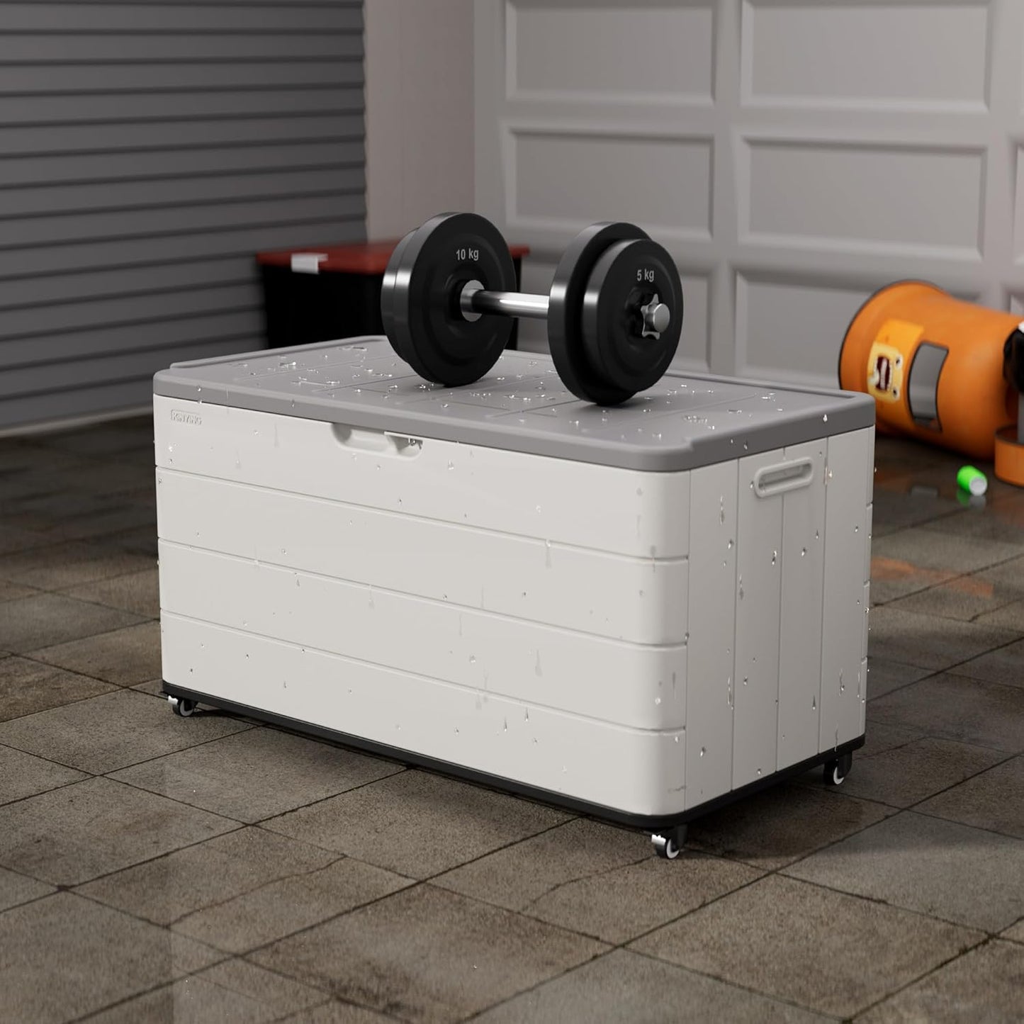100GAL PRO Wheeled European Deck Box - Resin Mobile Outdoor Storage Box with Wheels - for Patio, Garage & Poolside, Easy assembly Organize - Lockable & Waterproof
