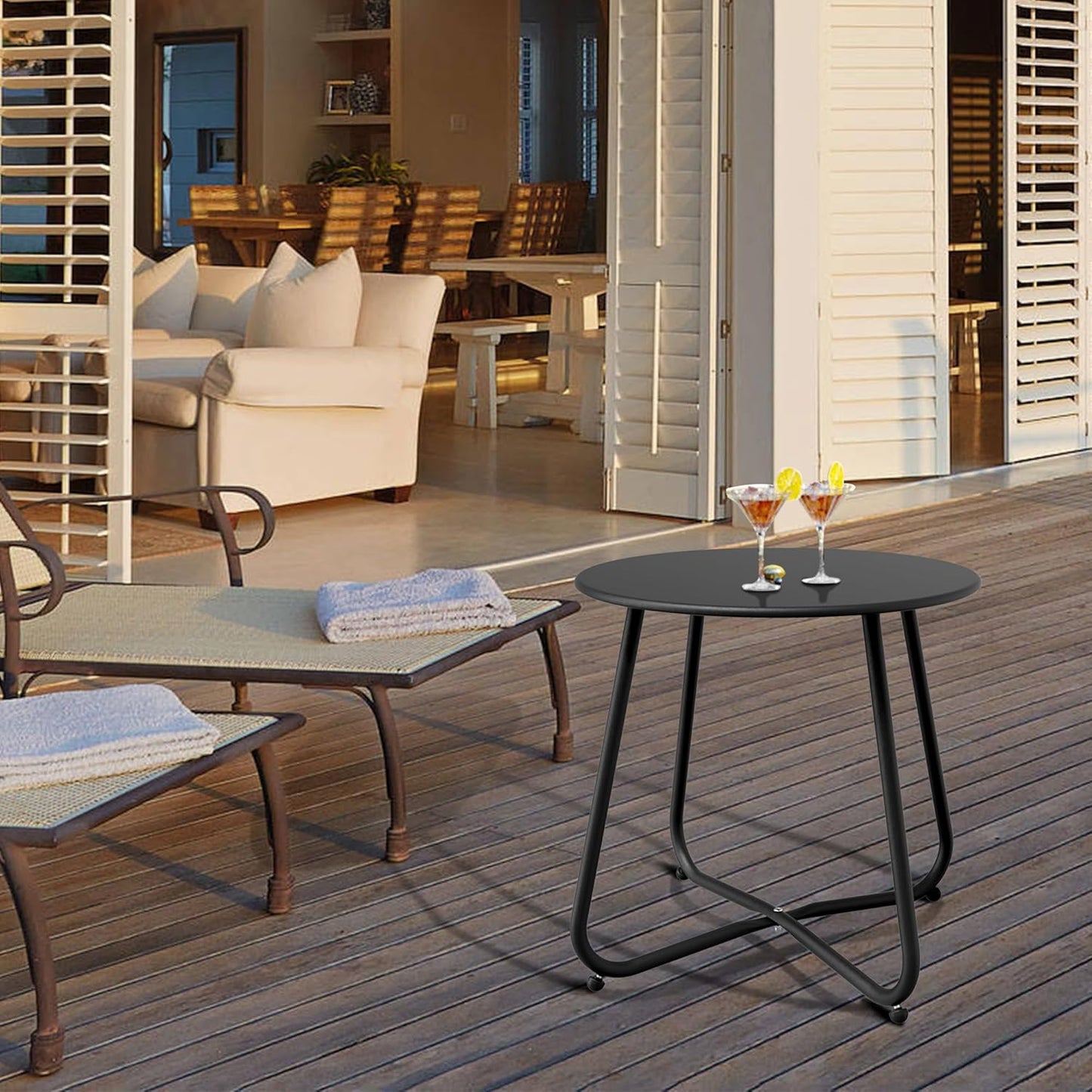 Patio Side Table Waterproof Round Metal Steel Weather Resistant Portable Outdoor and Indoor End Table for Garden Balcony Yard