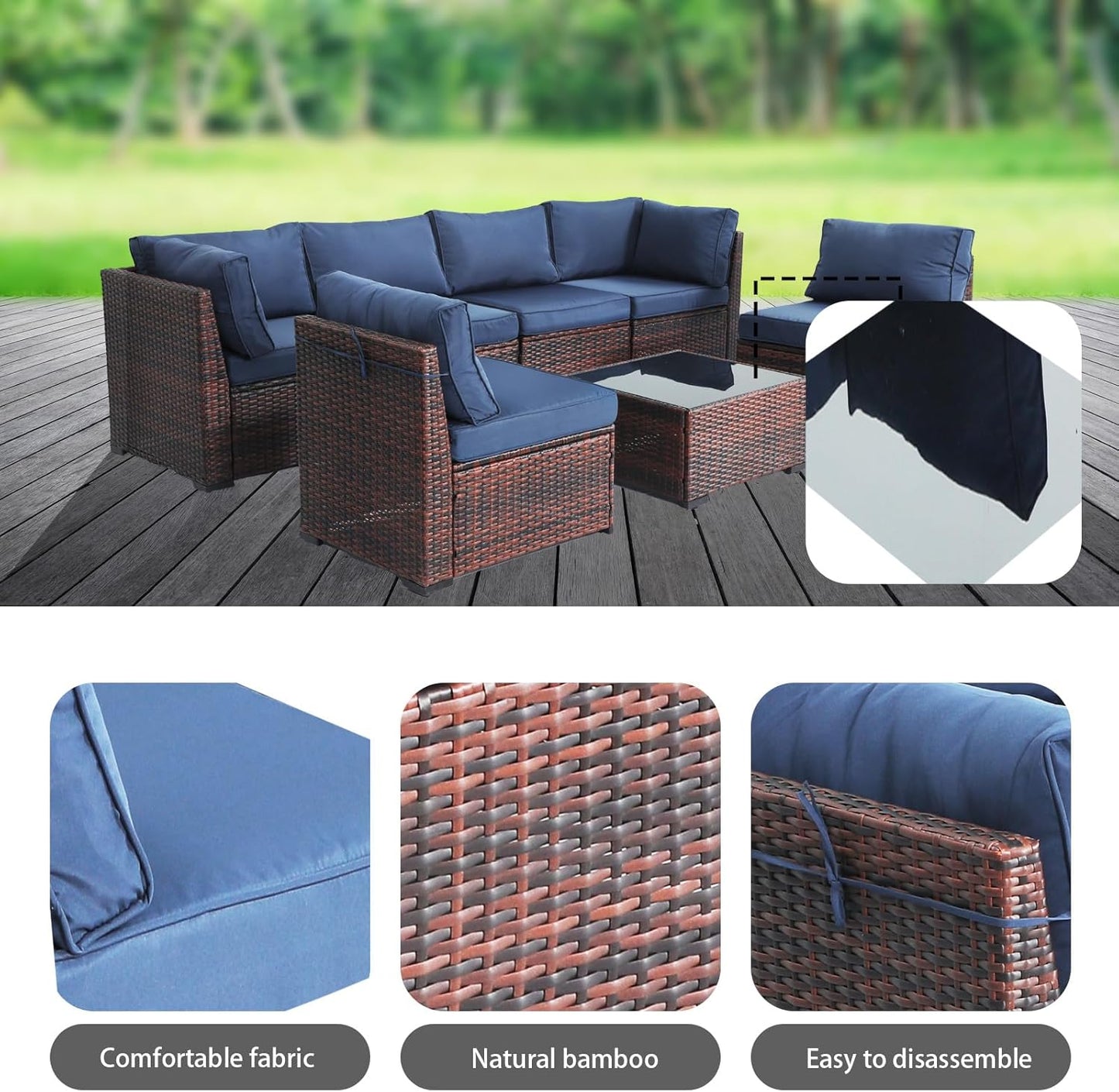 Yardgrace 7 Piece Rattan Outdoor Patio Furniture Set, Weather-Resistant Outdoor Conversation Set, Outside Furniture Patio Sectional Sofa Set with Thick Cushions and Coffee Table