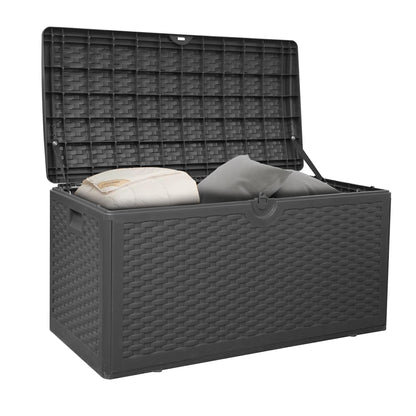 80 Gallon Plus Lockable Resin Deck Box, Waterproof Outdoor Storage Box for Patio Furniture, Garden Tools, Pool Accessories, UV-Resistant Outside Delivery, Black