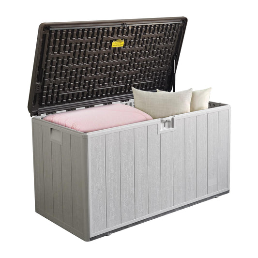 110 Gallon Pro Lockable Resin Deck Box, Waterproof Outdoor Storage Box for Patio Furniture, Garden Tools, Pool Accessories, UV-Resistant Outside Delivery, Grayish Brown