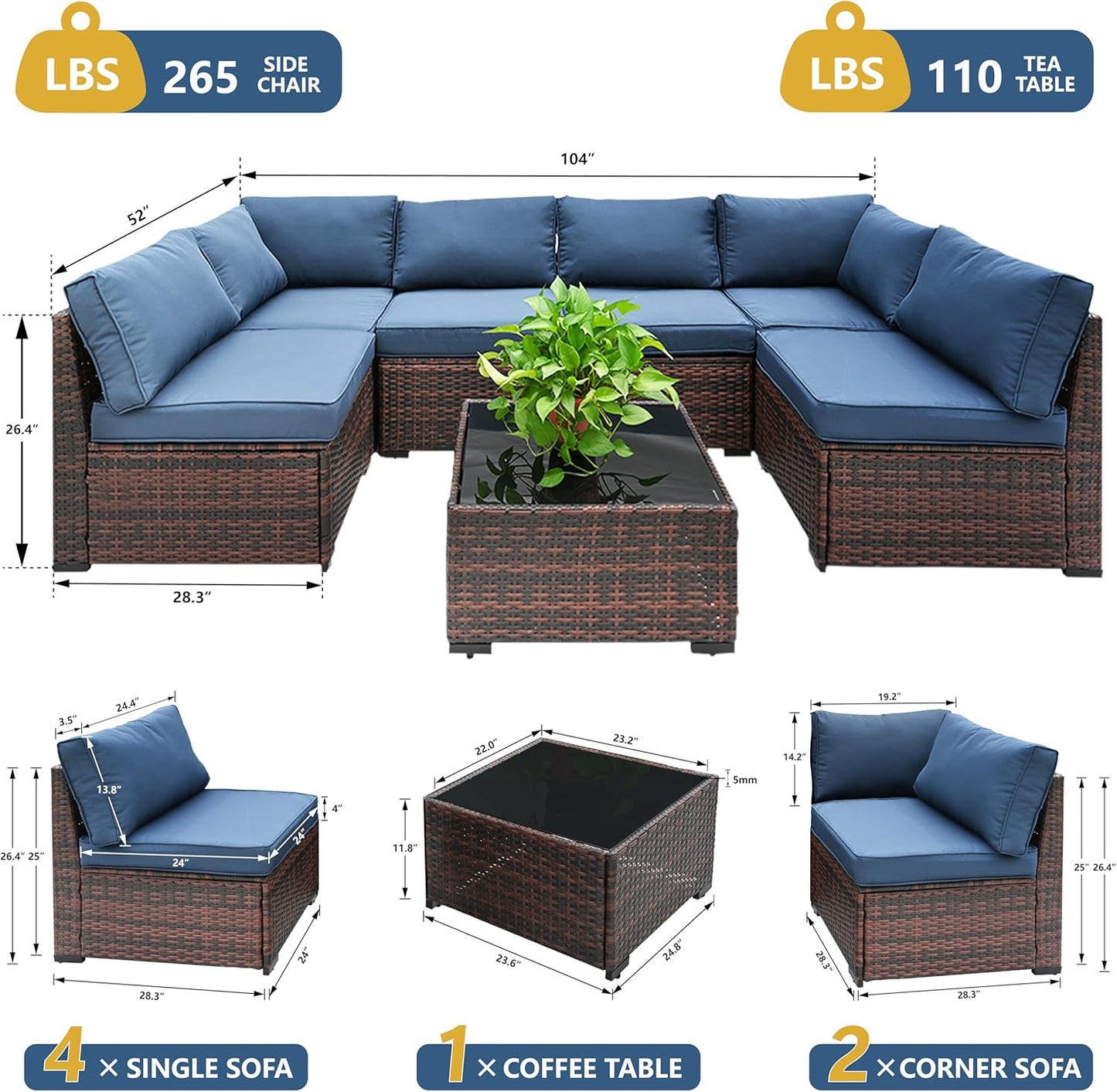 Yardgrace 7 Piece Rattan Outdoor Patio Furniture Set, Weather-Resistant Outdoor Conversation Set, Outside Furniture Patio Sectional Sofa Set with Thick Cushions and Coffee Table