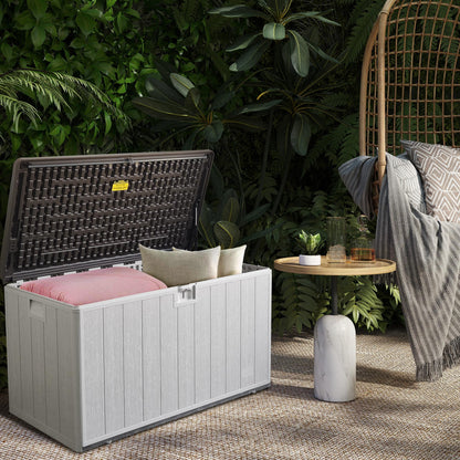 110 Gallon Pro Lockable Resin Deck Box, Waterproof Outdoor Storage Box for Patio Furniture, Garden Tools, Pool Accessories, UV-Resistant Outside Delivery, Grayish Brown