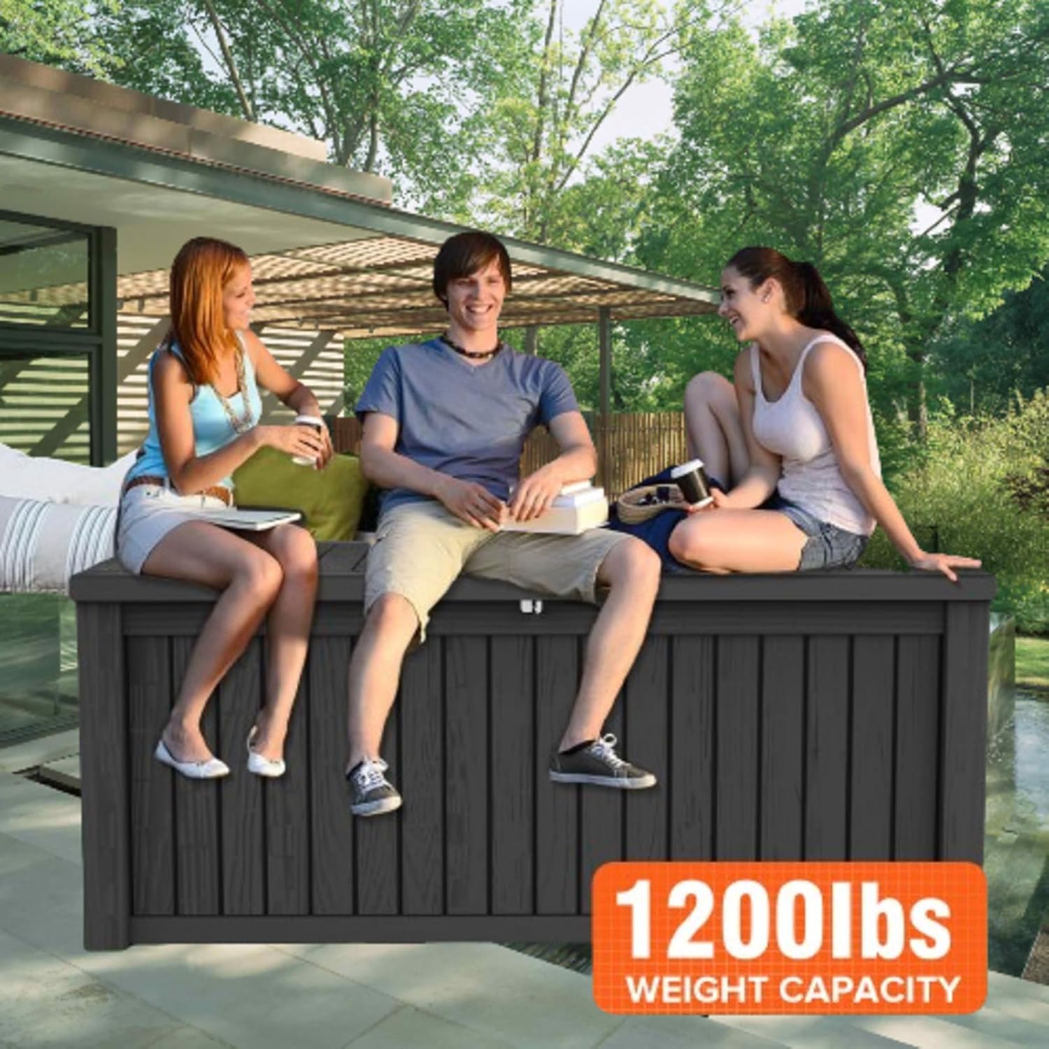 150 gallon deck box used as additional outdoor seating