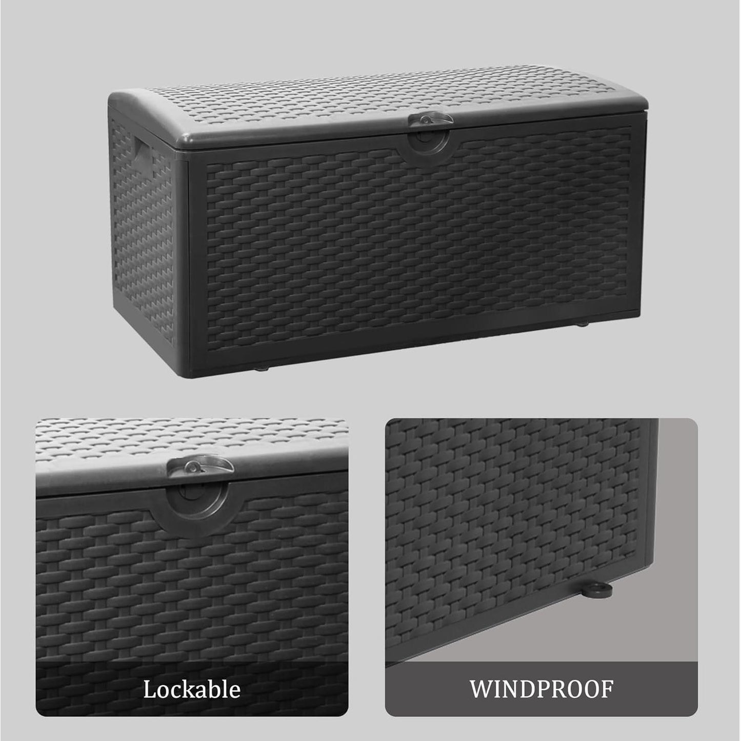 80 Gallon Plus Lockable Resin Deck Box, Waterproof Outdoor Storage Box for Patio Furniture, Garden Tools, Pool Accessories, UV-Resistant Outside Delivery, Black