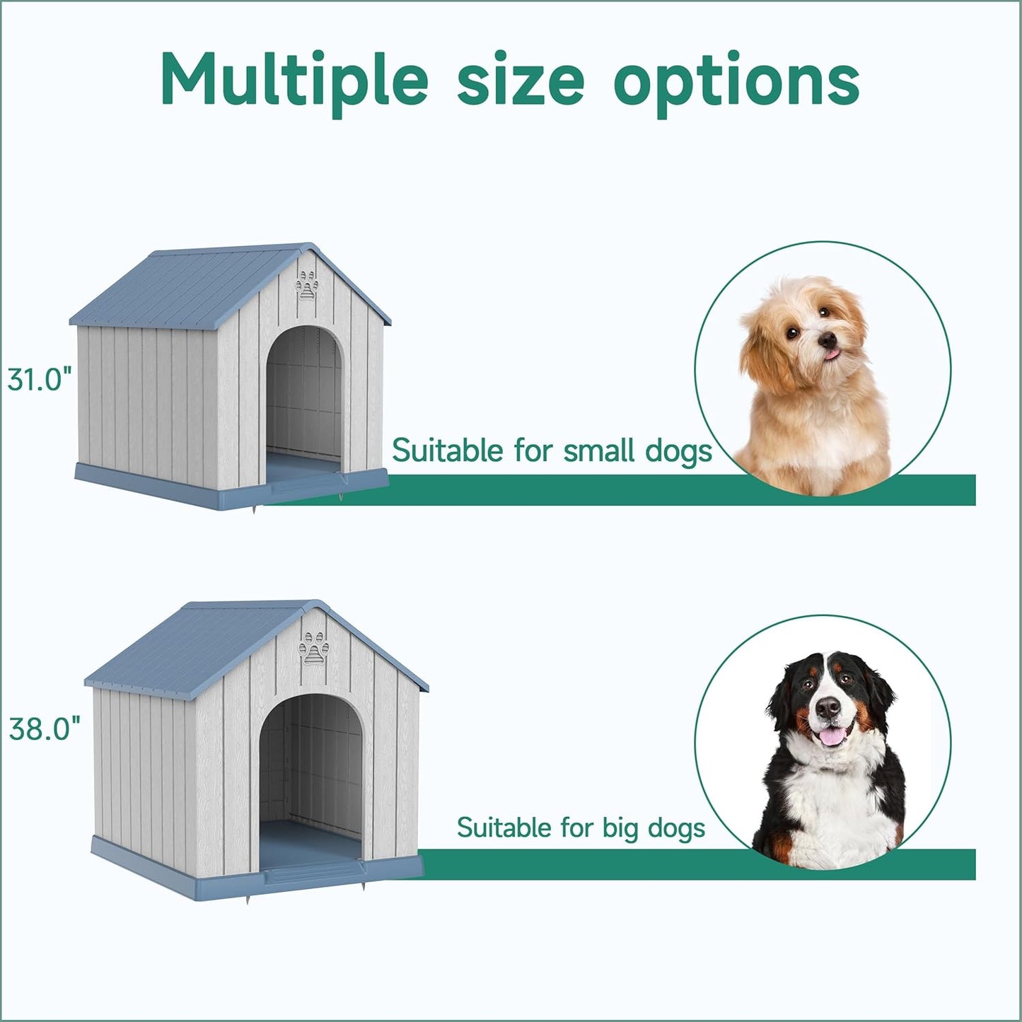 Yardgrace Indoor Outdoor Waterproof Dog House,PP Material,Puppy Shelter with Air Vents and Elevated Floor,Sturdy Dog Kennel for Small to Large Sized Dogs, Easy to Assemble (Blue, 38.62×36.26×38.07 Inches)