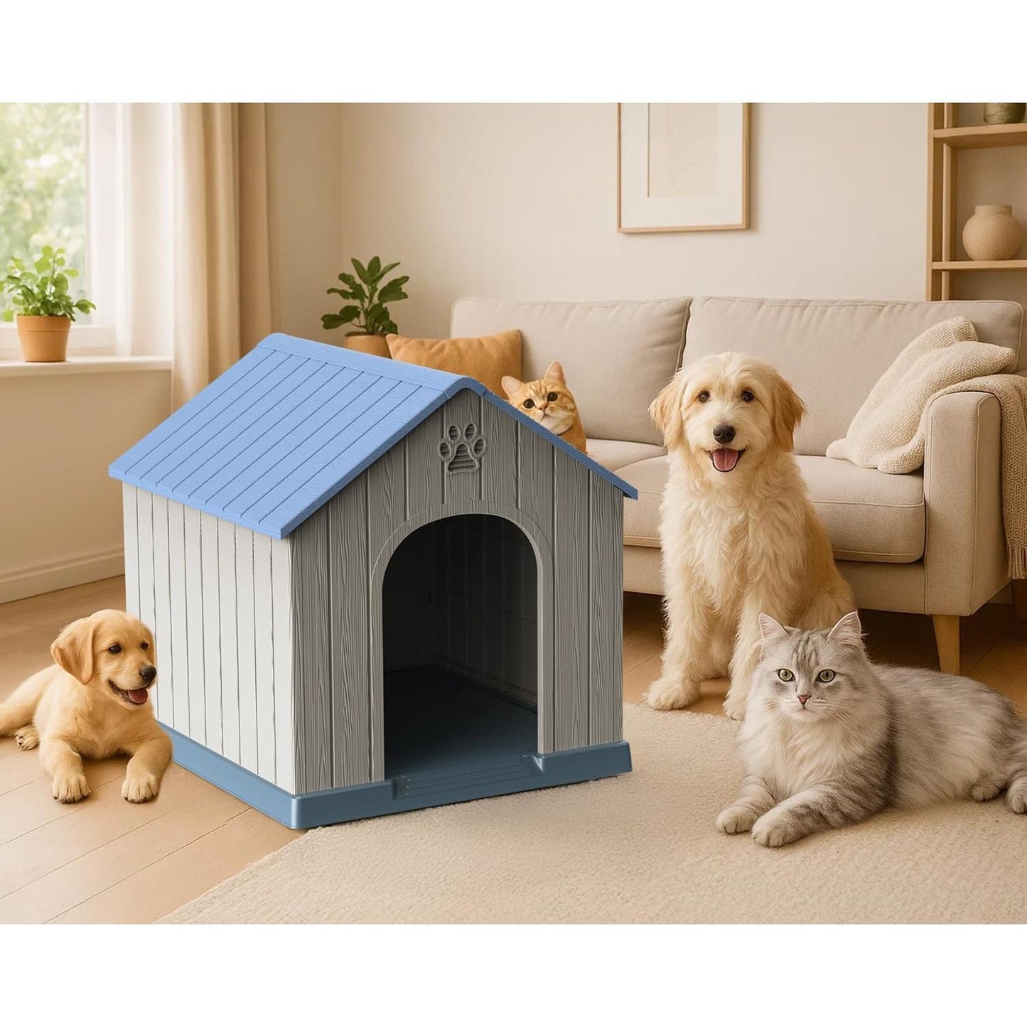 Yardgrace Indoor Outdoor Waterproof Dog House,PP Material,Puppy Shelter with Air Vents and Elevated Floor,Sturdy Dog Kennel for Small to Large Sized Dogs, Easy to Assemble (Blue, 38.62×36.26×38.07 Inches)