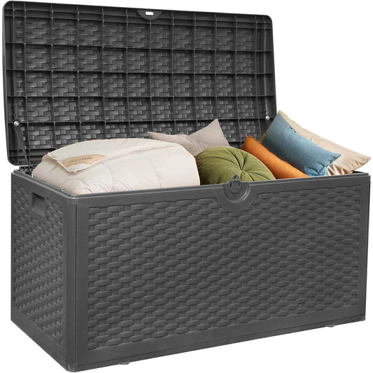 80 Gallon Plus Lockable Resin Deck Box, Waterproof Outdoor Storage Box for Patio Furniture, Garden Tools, Pool Accessories, UV-Resistant Outside Delivery, Black