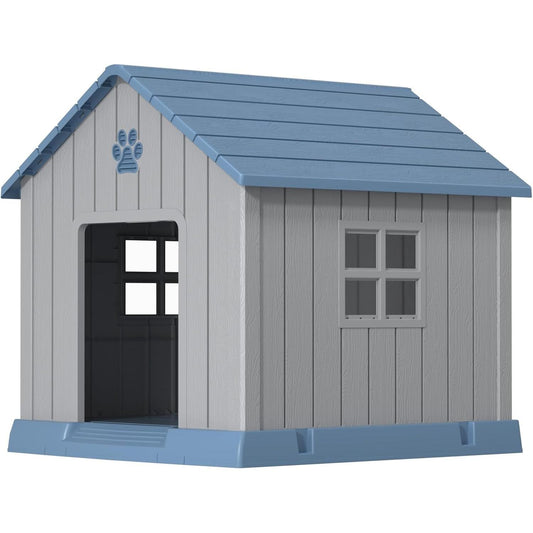 Medium Square Dog House, Weatherproof Plastic Kennel with Raised Floor & Ventilation, Indoor/Outdoor Shelter for Small to Medium Dogs (31.2''x33.7''x32.5'')