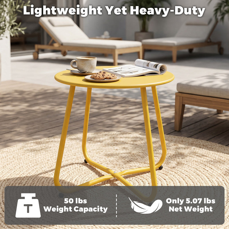 Yellow outdoor metal round side table featuring detachable tabletop, lightweight design, and adjustable feet